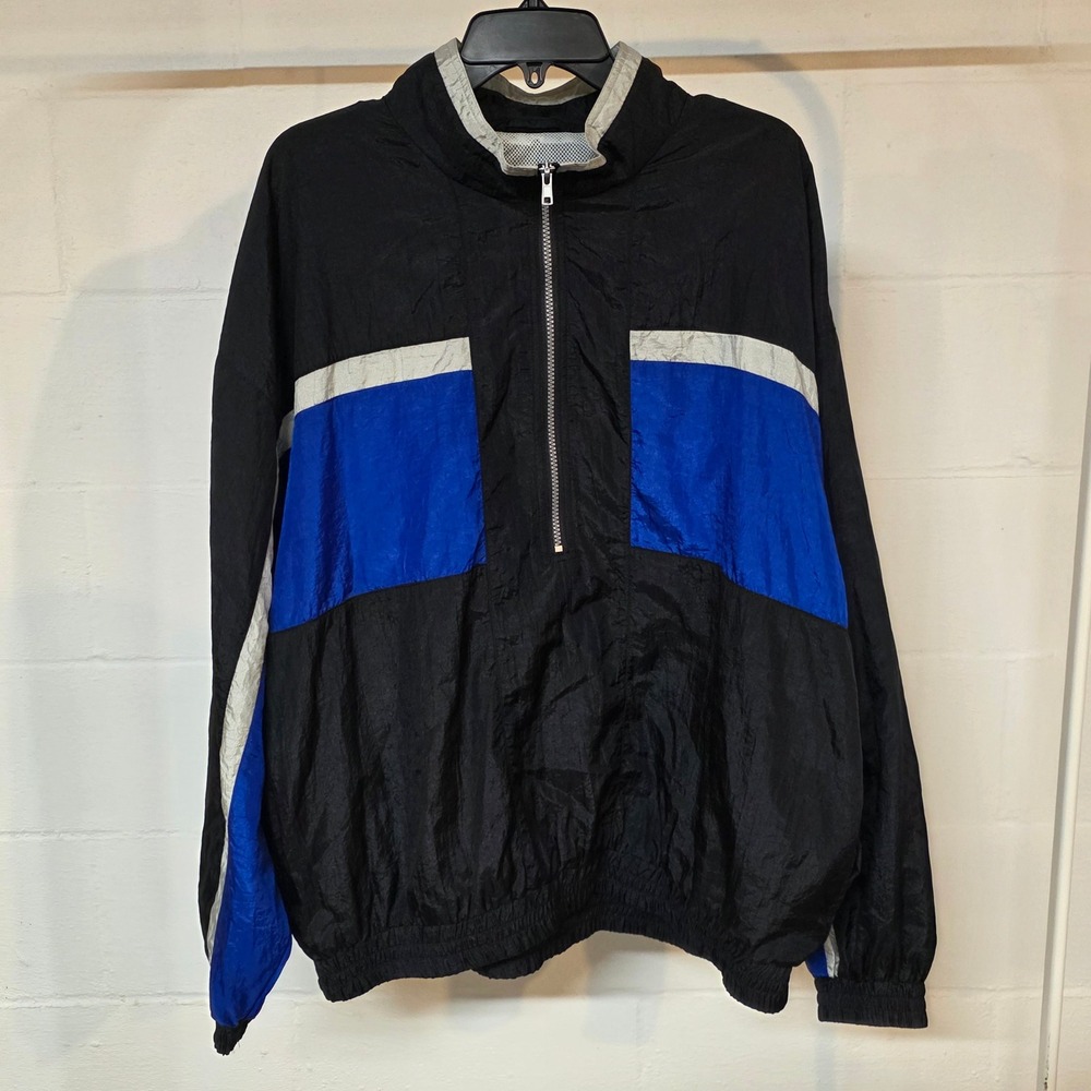 Vintage Colorblock Windbreaker Pullover Black Blue‎ Silver Quarter Zip Jacket